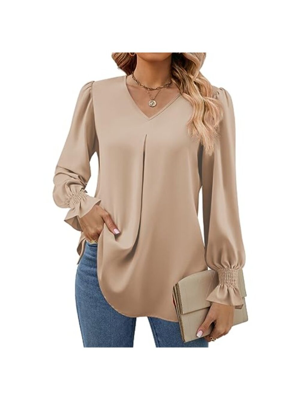 Womens Long Sleeve Chiffon Tunic V Neck Dressy Casual Blouse Flowy Work Shirt